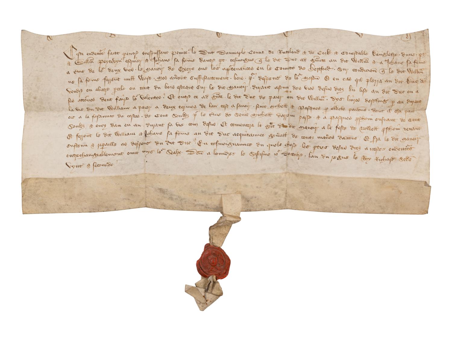 IMMORTALIZED BY SHAKESPEARE Indenture by the Duke of Aumale, to William Peytenin and Joan his wife, in Anglo-French, manuscript on parchment and seal [London, 16 October 1398]