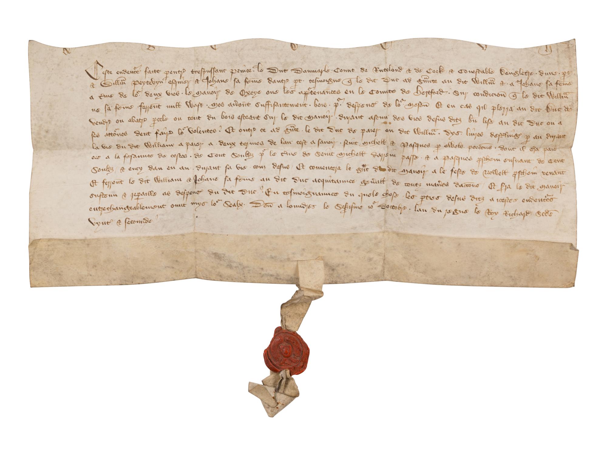 IMMORTALIZED BY SHAKESPEARE Indenture by the Duke of Aumale, to William Peytenin and Joan his wife, in Anglo-French, manuscript on parchment and seal [London, 16 October 1398]