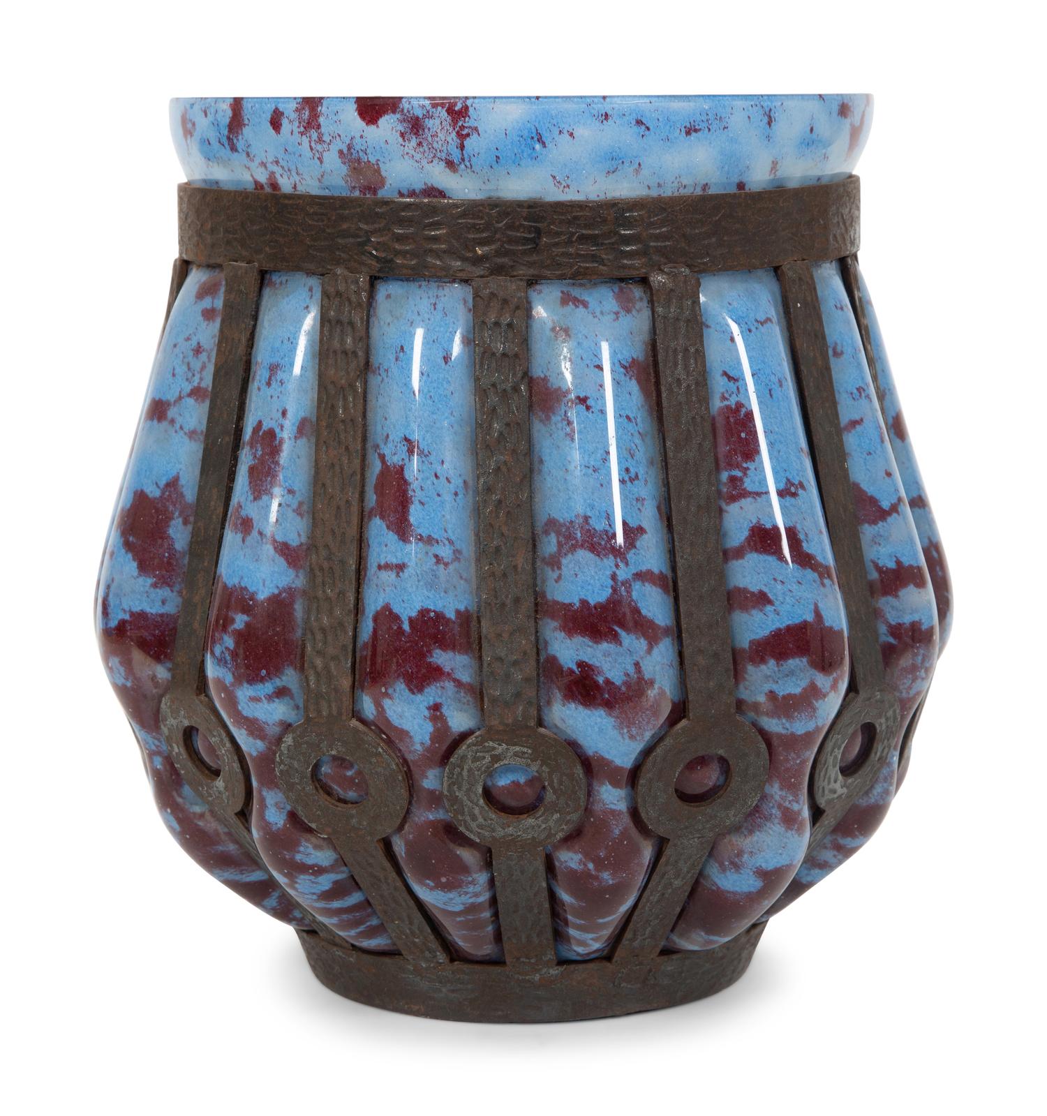 A French Mottled Blown-Out Glass and Cast Metal Vase