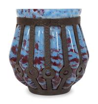 A French Mottled Blown-Out Glass and Cast Metal Vase