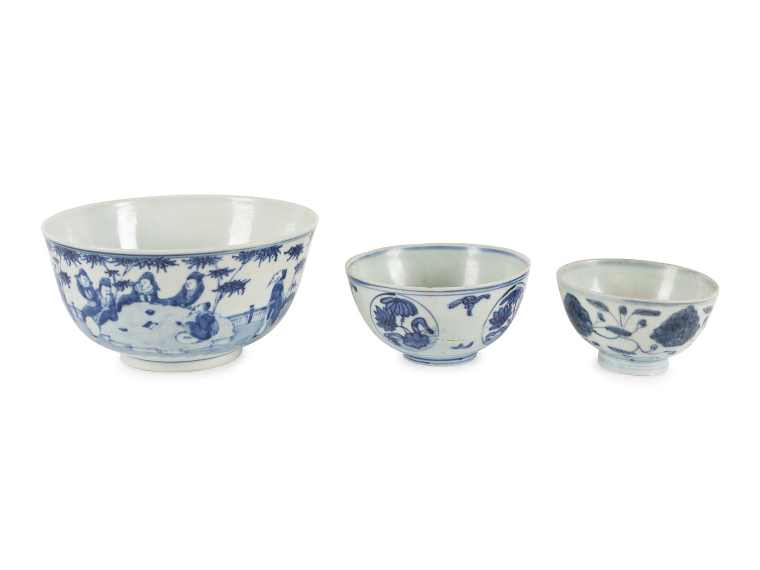 Three Blue and White Porcelain Bowls