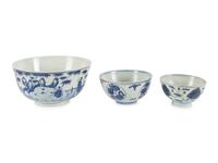 Three Blue and White Porcelain Bowls