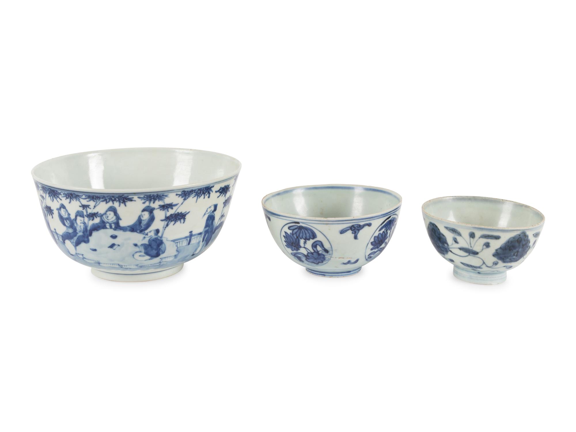 Three Blue and White Porcelain Bowls