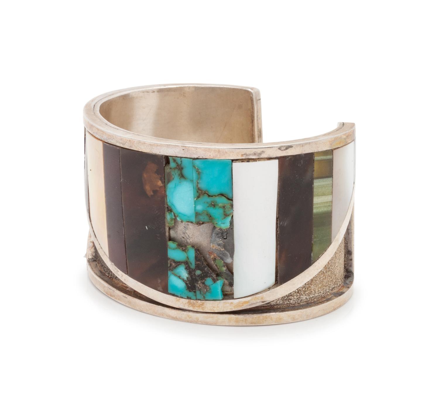 Southwestern Silver, Turquoise, Pipestone, and Shell Inlay Cuff Bracelet, PLUS Matching Single-Strand Necklace