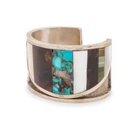 Southwestern Silver, Turquoise, Pipestone, and Shell Inlay Cuff Bracelet, PLUS Matching Single-Strand Necklace