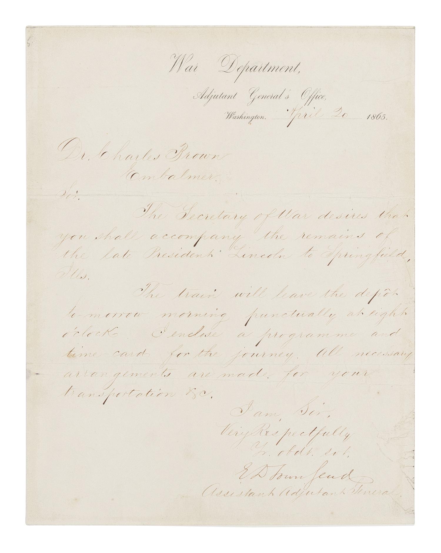 [LINCOLN'S FUNERAL]. TOWNSEND, Edward Davis (1817-1893). Autograph letter, signed ("E.D. Townsend"), to Dr. Charles Brown, Washington, D.C., 20 April 1865.