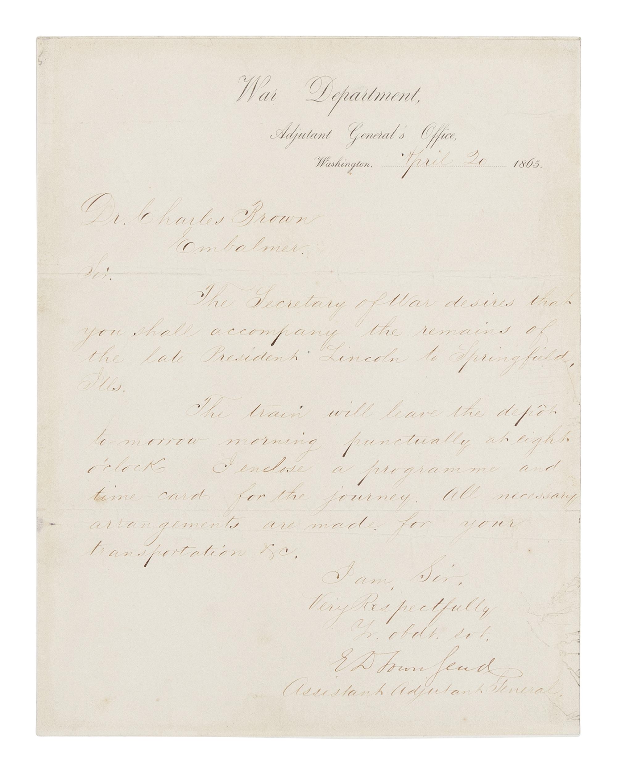 [LINCOLN'S FUNERAL]. TOWNSEND, Edward Davis (1817-1893). Autograph letter, signed ("E.D. Townsend"), to Dr. Charles Brown, Washington, D.C., 20 April 1865.
