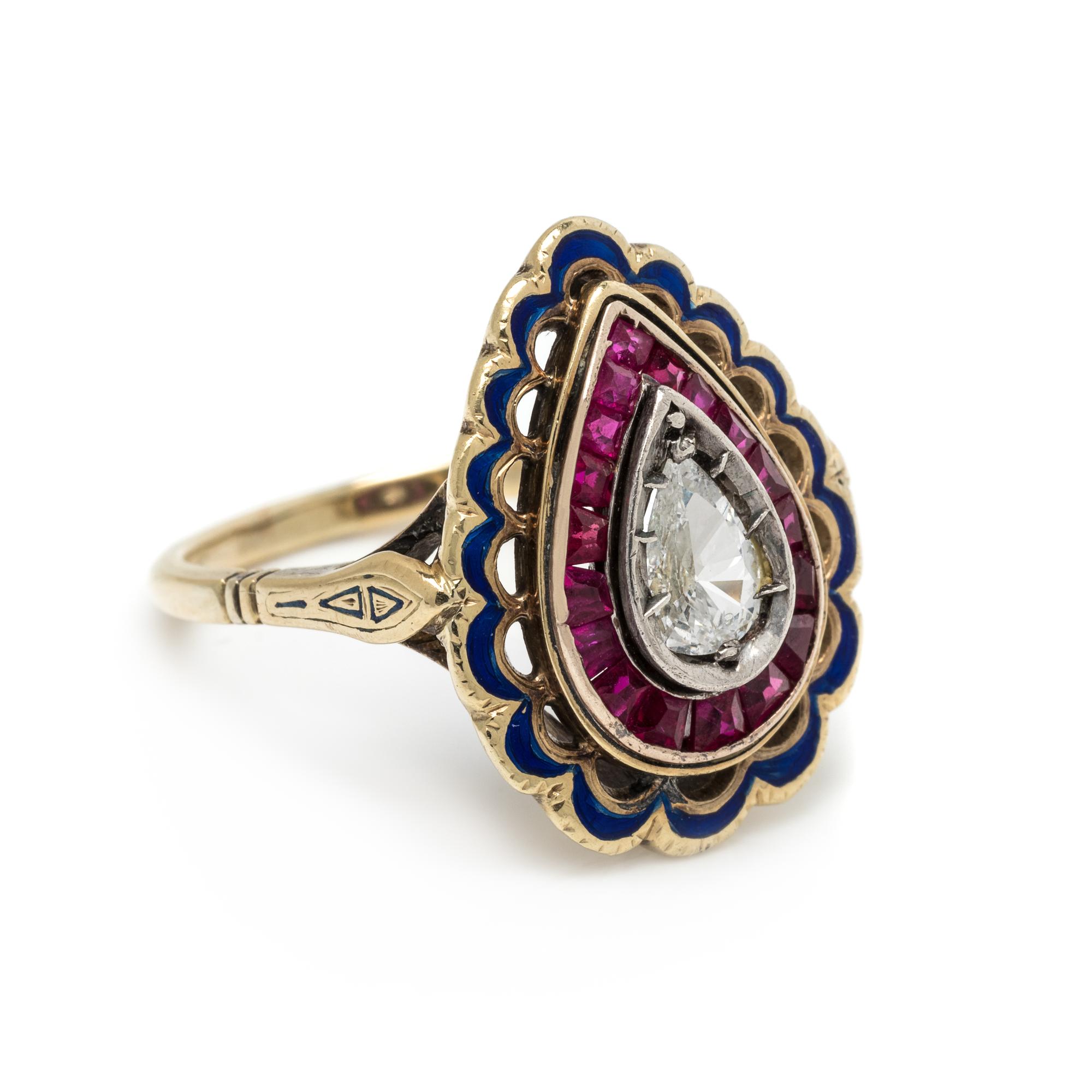 ANTIQUE, DIAMOND, RUBY AND ENAMEL RING