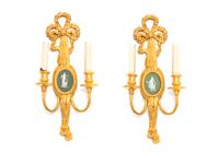 A Pair of Louis XVI Gilt Wood and Wedgwood Mounted Sconces — 20TH CENTURY
