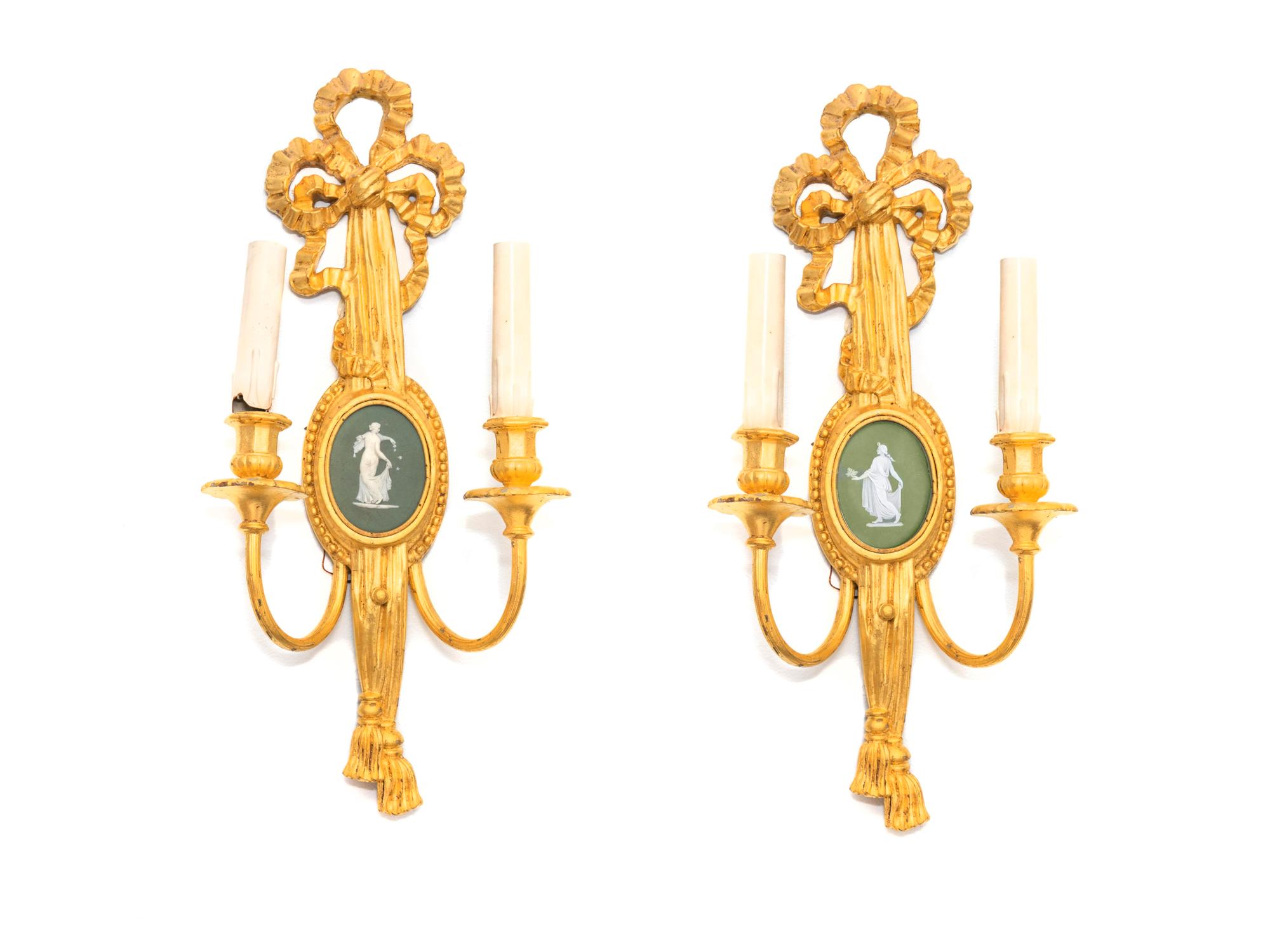 A Pair of Louis XVI Gilt Wood and Wedgwood Mounted Sconces — 20TH CENTURY
