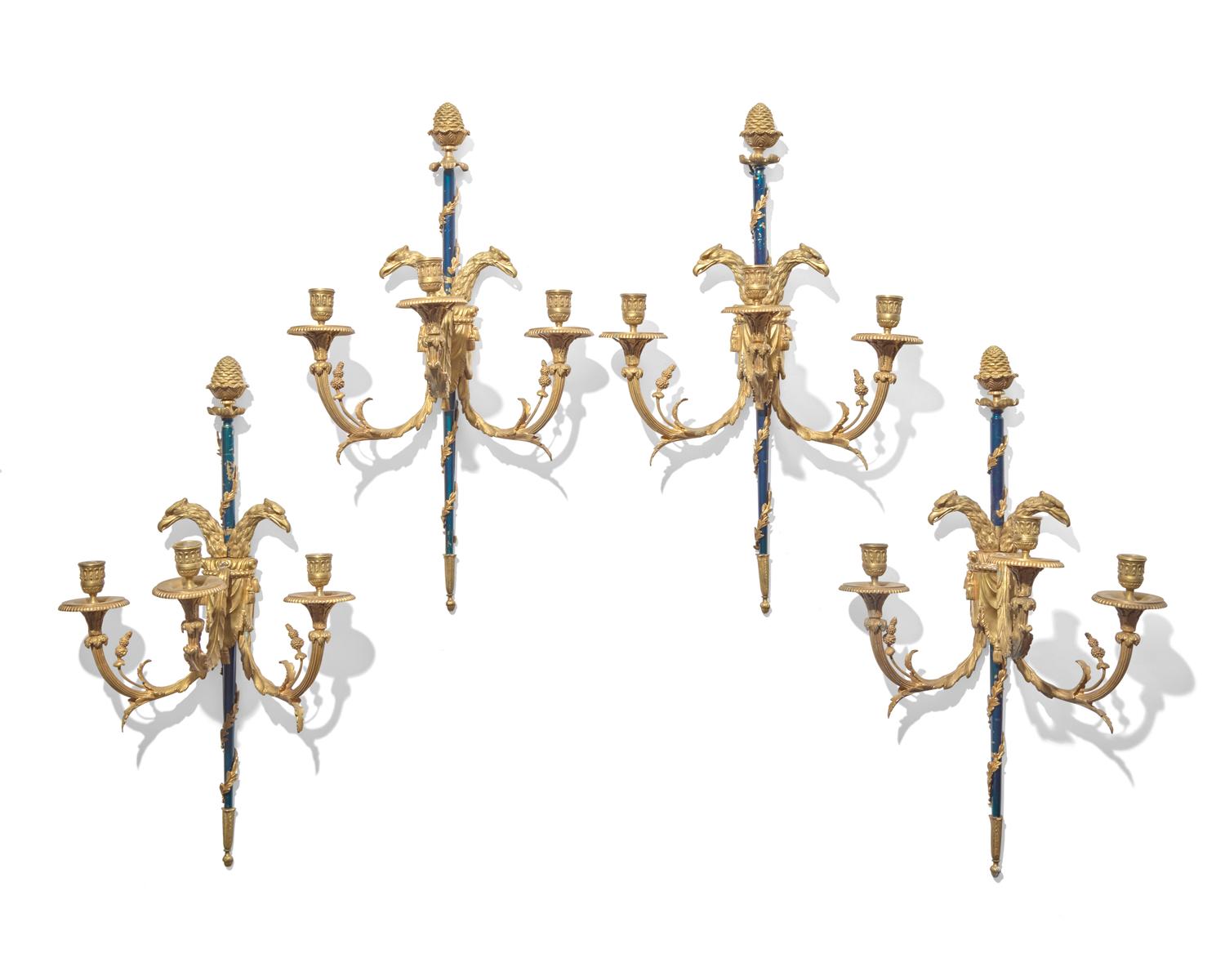 A set of four Continental Neoclassical blue enameled and gilt-bronze wall sconces, probably 19th century