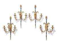 A set of four Continental Neoclassical blue enameled and gilt-bronze wall sconces, probably 19th century