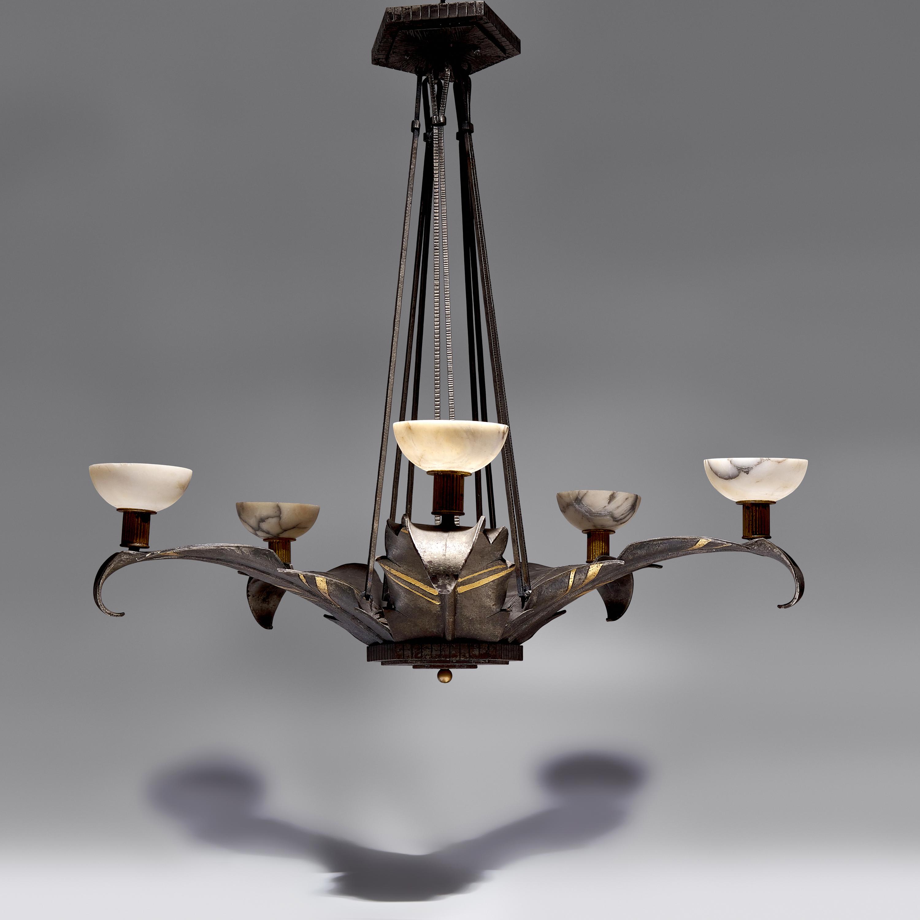 Michel Zadounaïsky (French/Russian, 1903-1983) — French Art Deco Five-Arm Chandelier, c. 1925