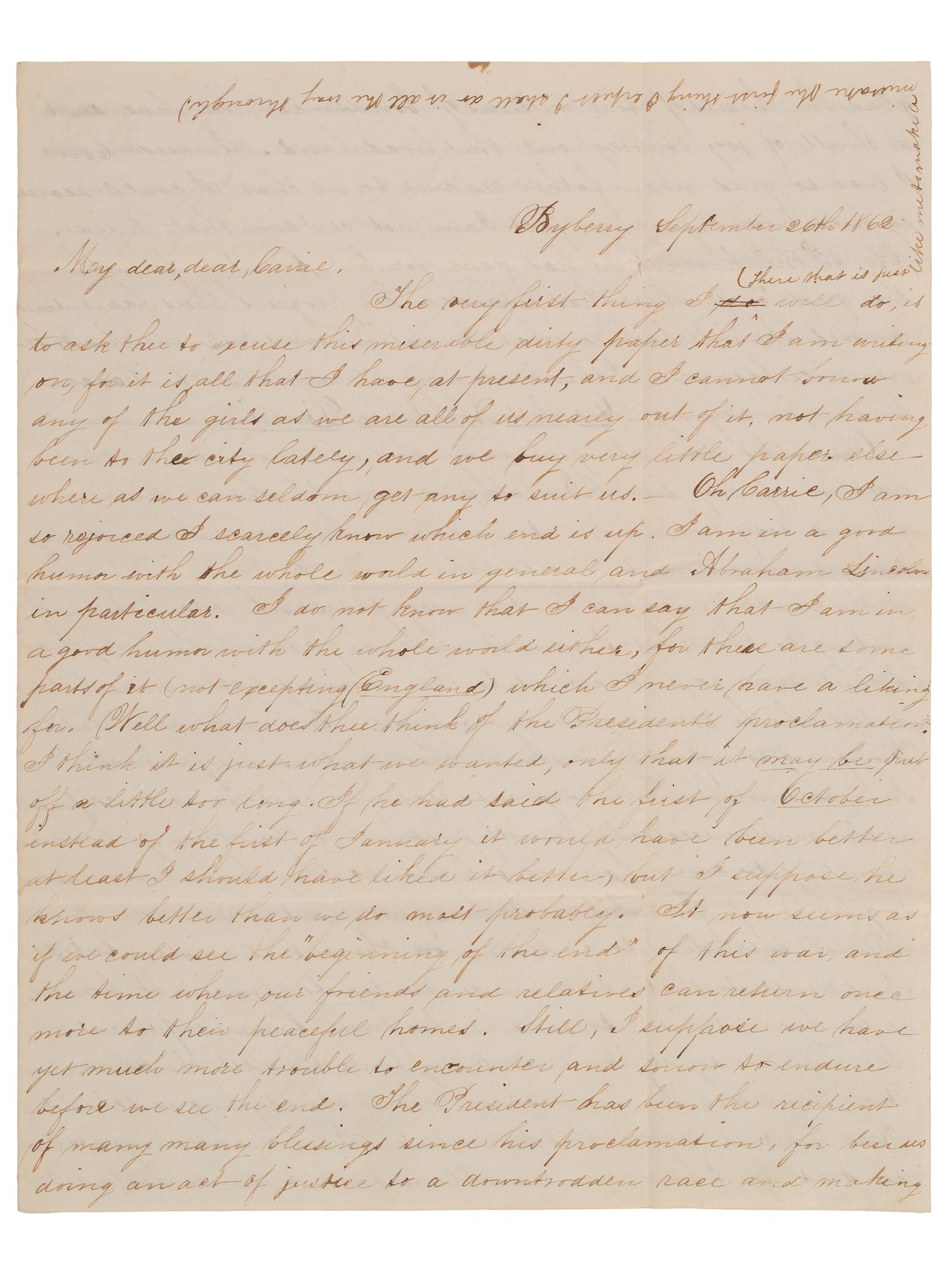 [CIVIL WAR]. War-date letters of Quaker artist and photographer Susan Walmsley (1843-1888) to her friend Carrie Wilson, with discussion of the war, politics, the Sanitary Fair, and more.