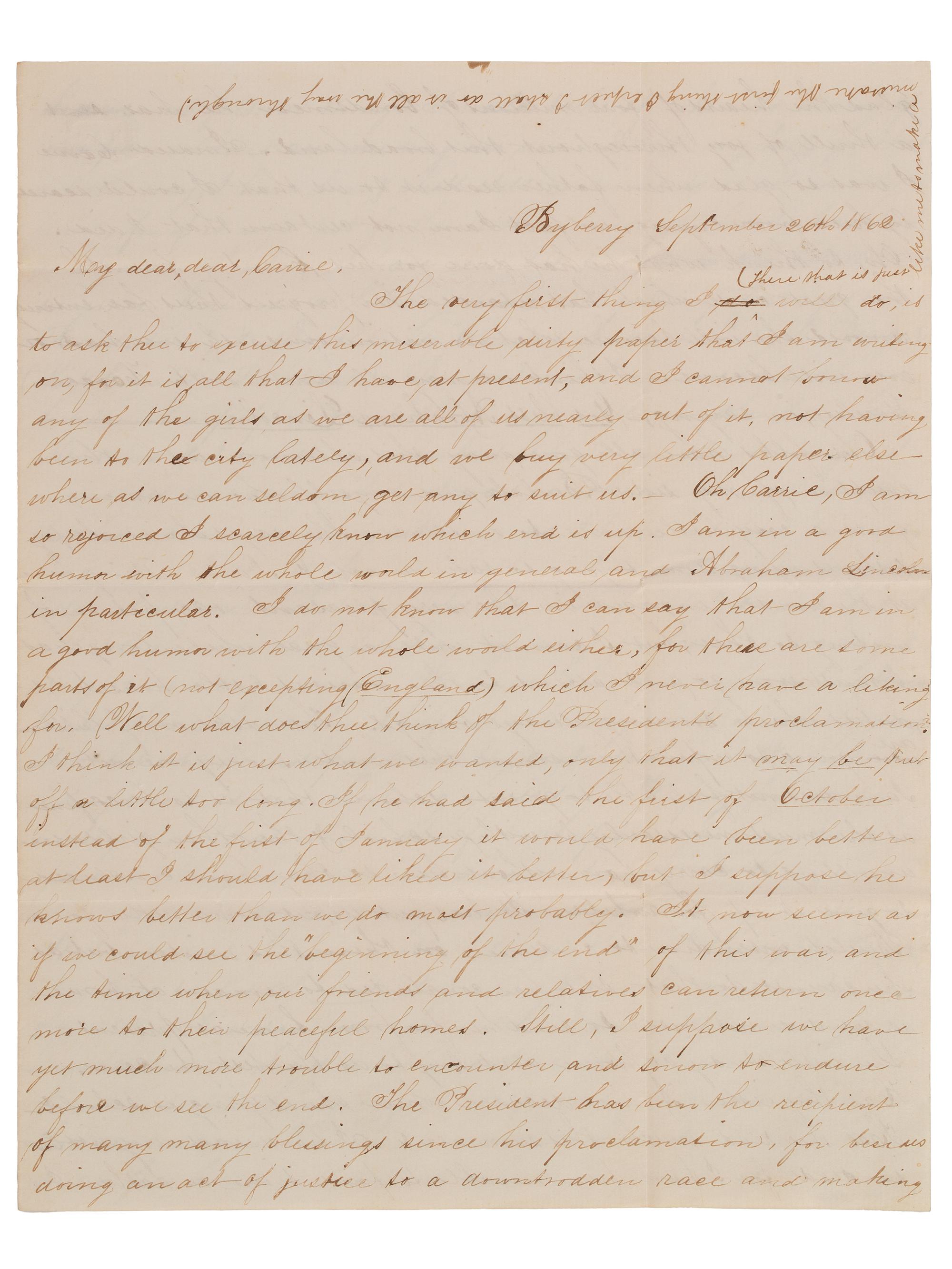 [CIVIL WAR]. War-date letters of Quaker artist and photographer Susan Walmsley (1843-1888) to her friend Carrie Wilson, with discussion of the war, politics, the Sanitary Fair, and more.
