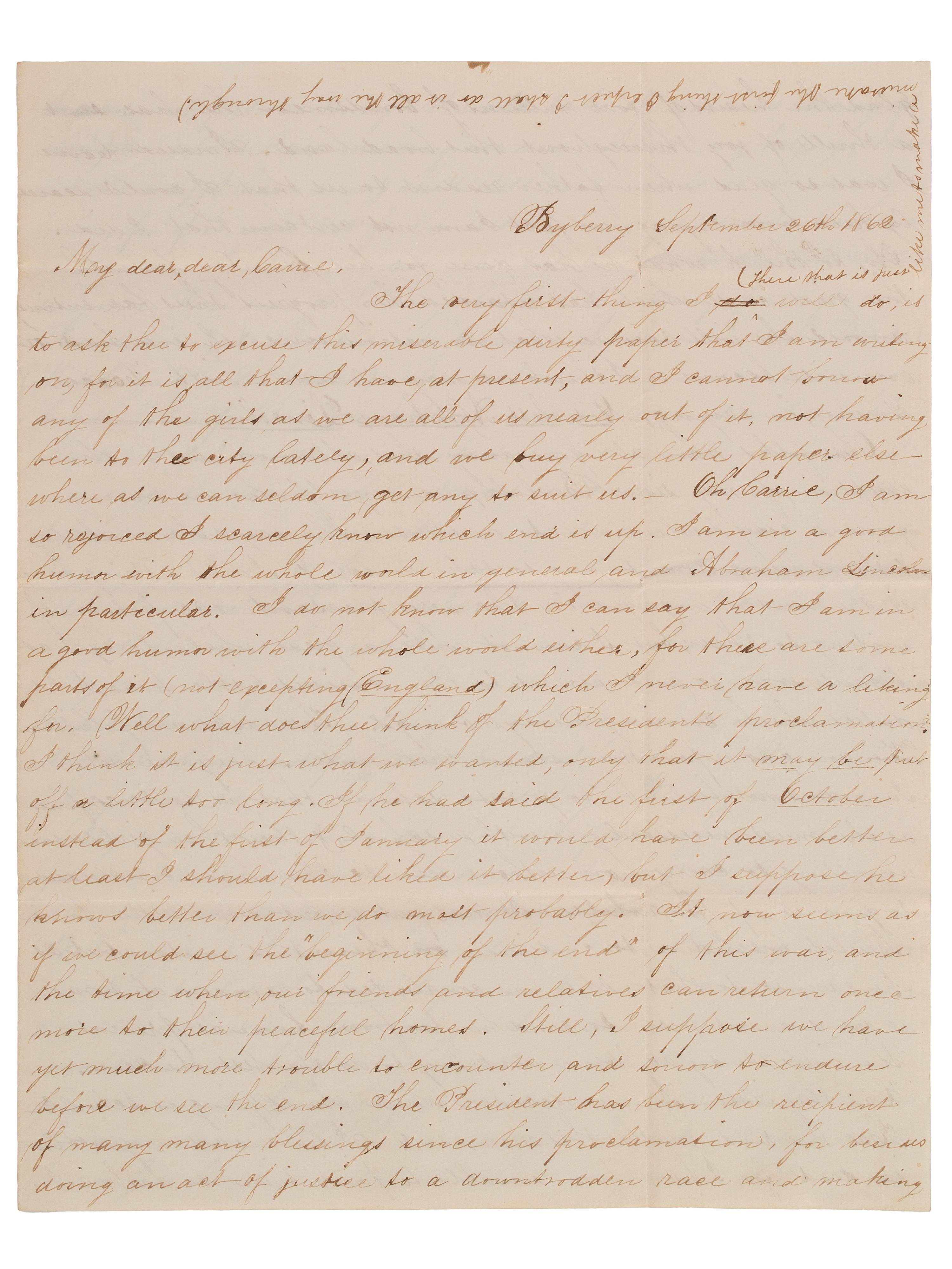 [CIVIL WAR]. War-date letters of Quaker artist and photographer Susan Walmsley (1843-1888) to her friend Carrie Wilson, with discussion of the war, politics, the Sanitary Fair, and more.