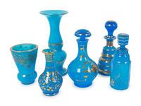 A Collection of Seven Gilt-Decorated Blue Opaline Glass Articles — 19TH/20TH CENTURY