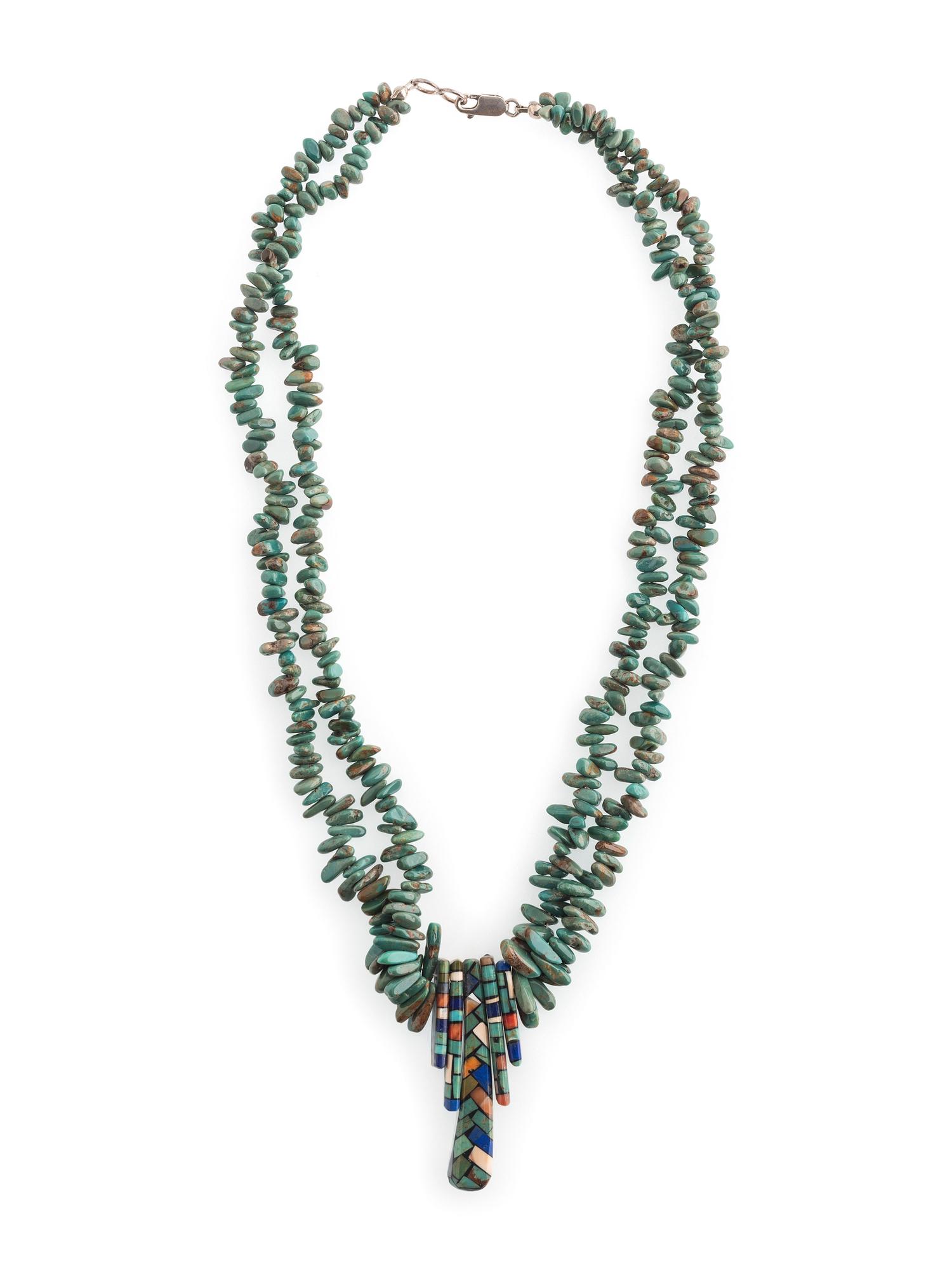 Double-strand Turquoise Nugget Necklace, with Graduated Mosaic Inlay Pendants