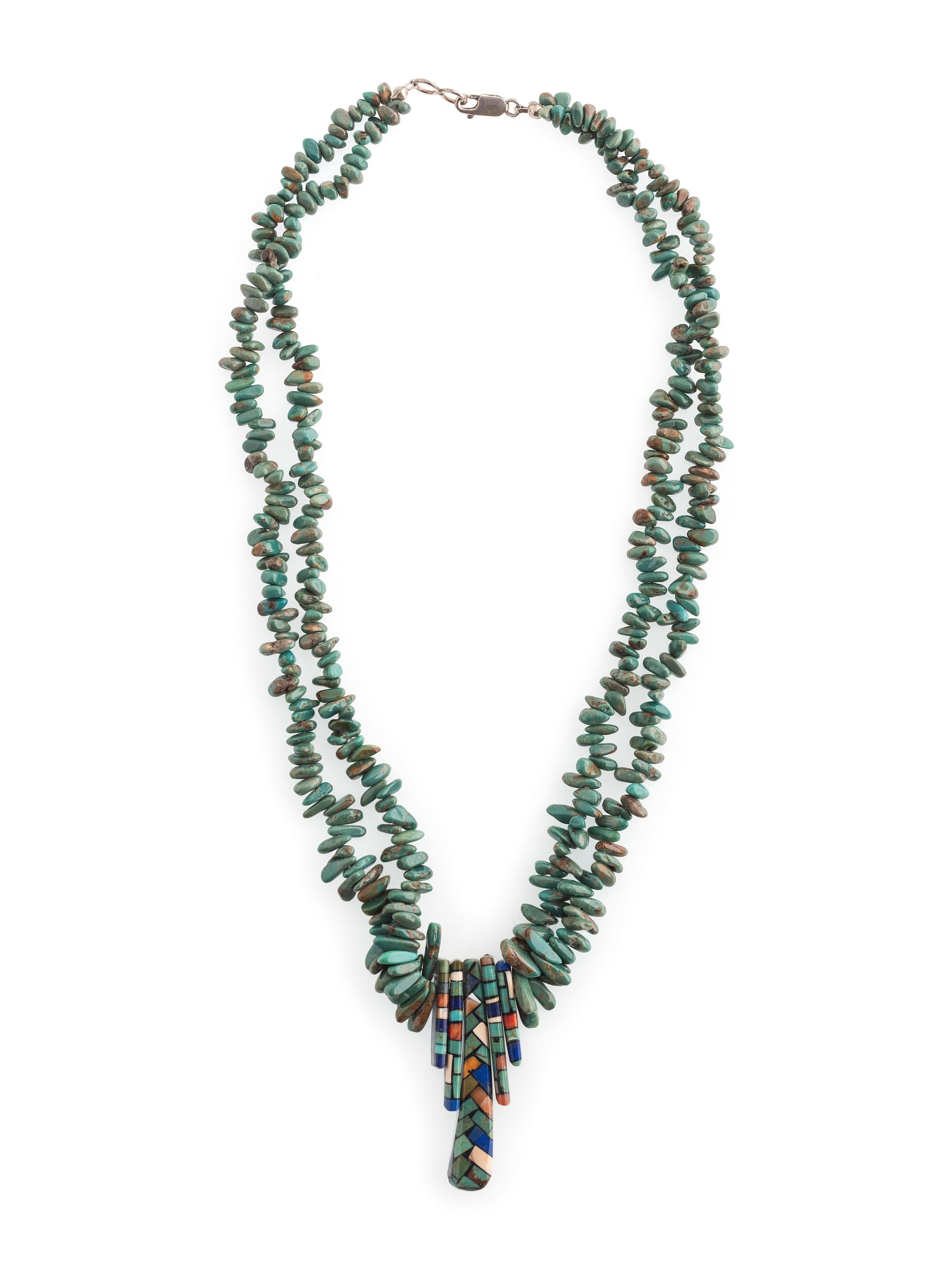 Double-strand Turquoise Nugget Necklace, with Graduated Mosaic Inlay Pendants