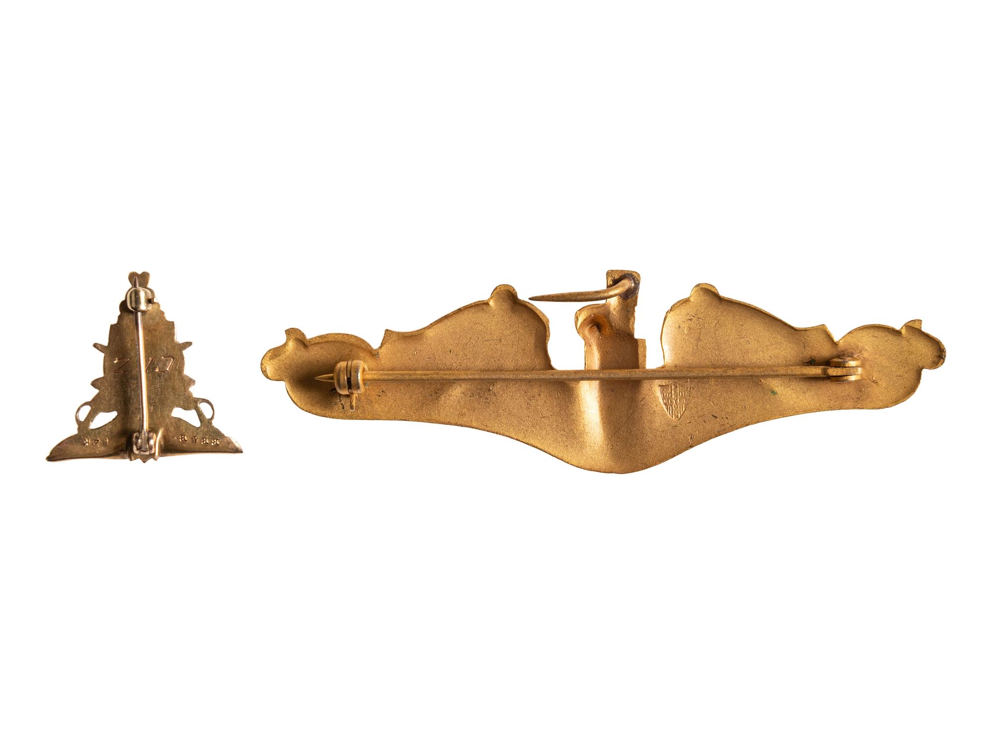 [WORLD WAR II]. US Naval Academy pin for 1923 and submariner's pin belonging to Carl K. Zimmerman, plus 1923 Lucky Bag belonging to J.B. Renn.