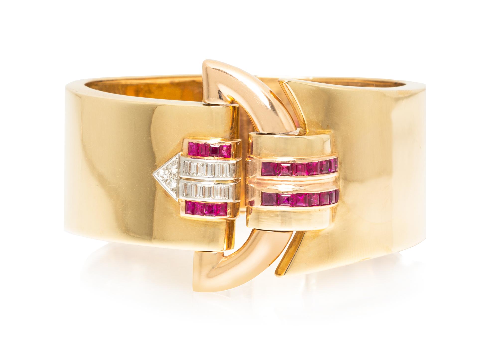 A Retro Rose Gold, Platinum, Ruby and Diamond Bangle Bracelet, 38.30 dwts.