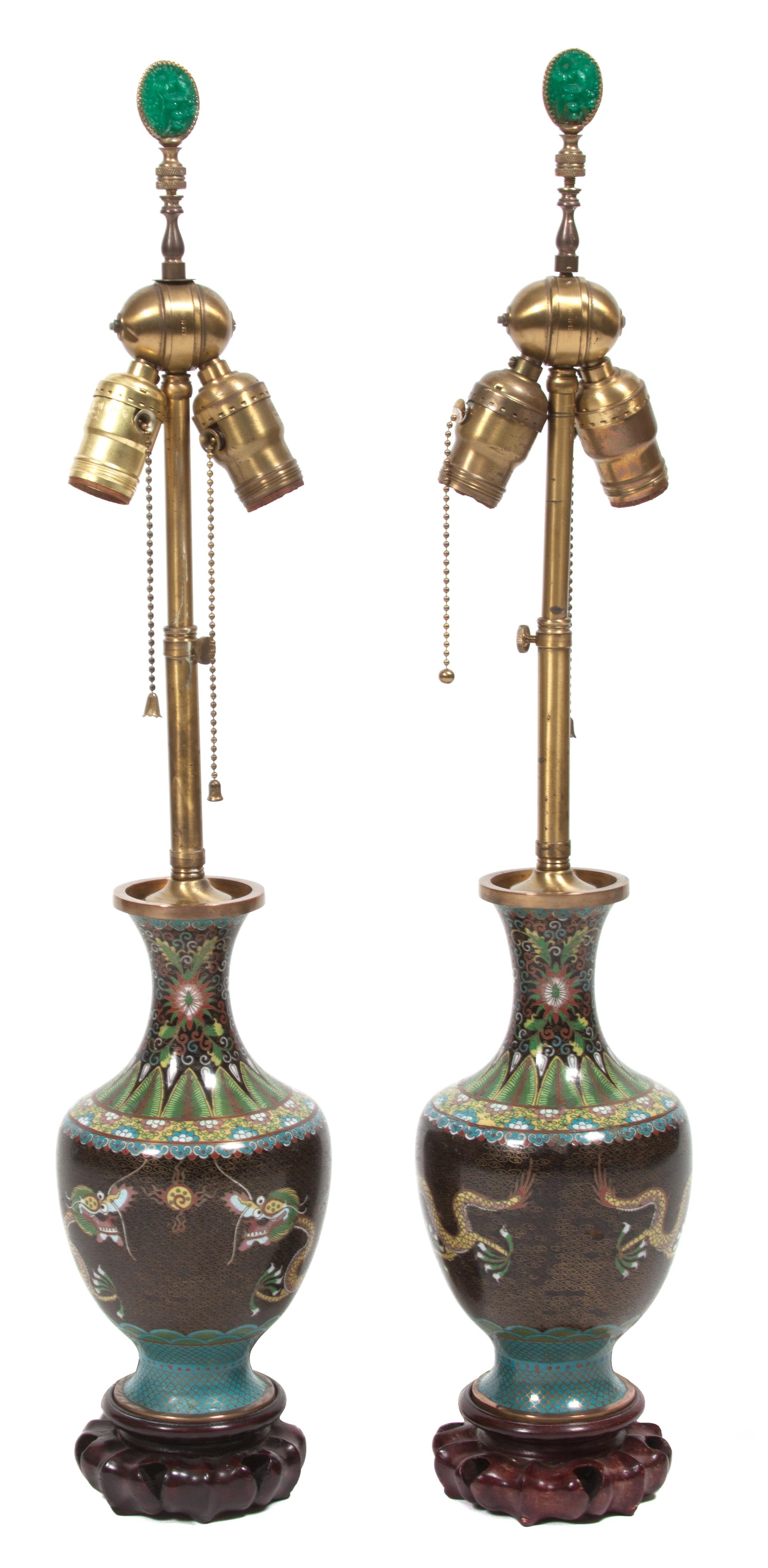A Pair of Chinese Cloisonne Vases Mounted as Lamps Height 10 inches.