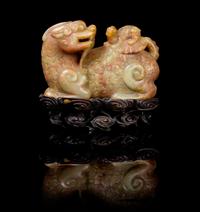 A Chinese Carved Soapstone Figural Group 18TH CENTURY OR EARLIER Height fig only 3 7/8 in x width 5 3/4 inches. — 18TH CENTURY OR EARLIER