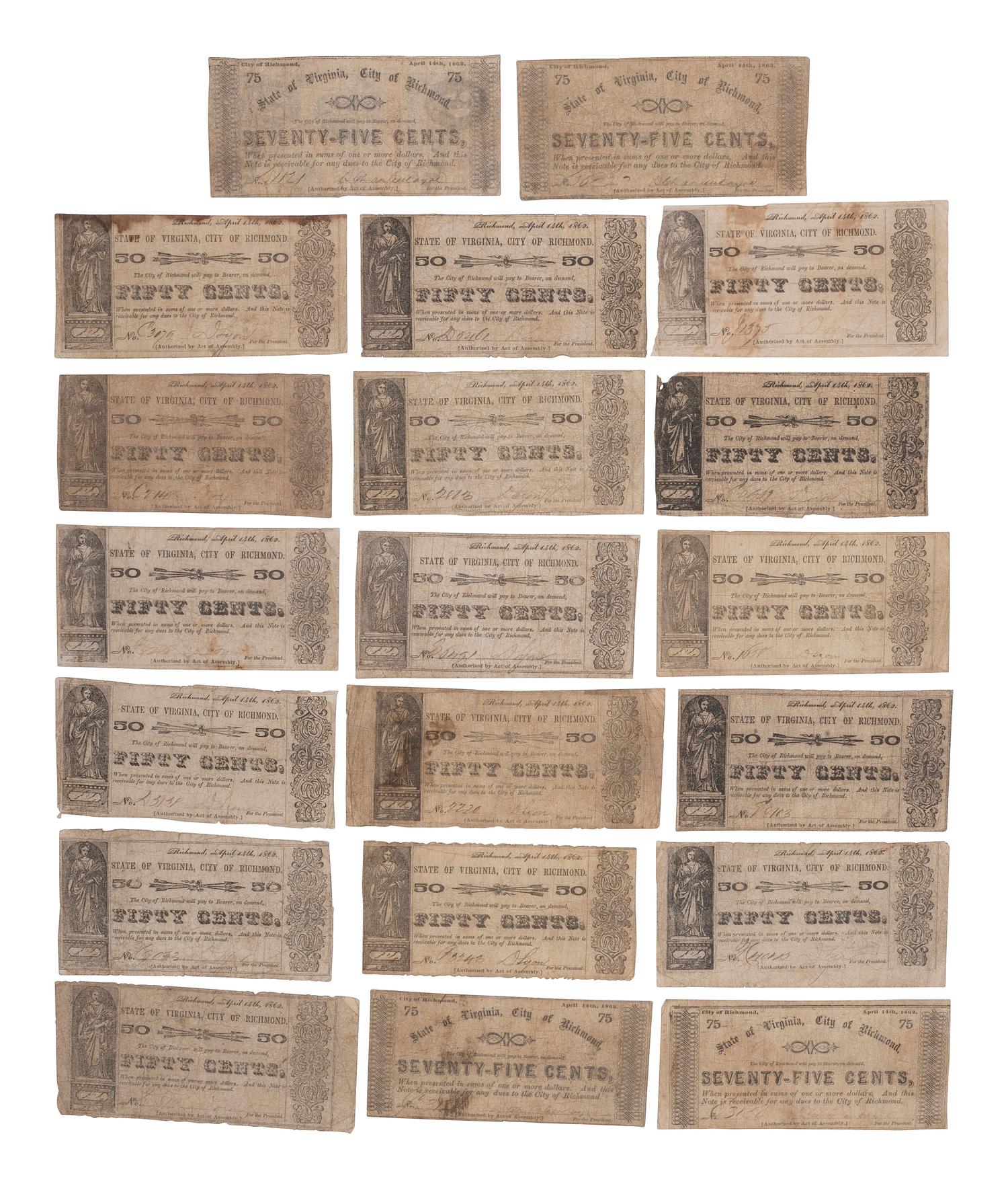 [CONFEDERATE - CURRENCY]. A variety of notes from Virginia, including: