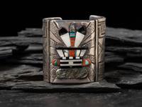 Large Silver and Mosaic Inlay Katsina Cuff Bracelet