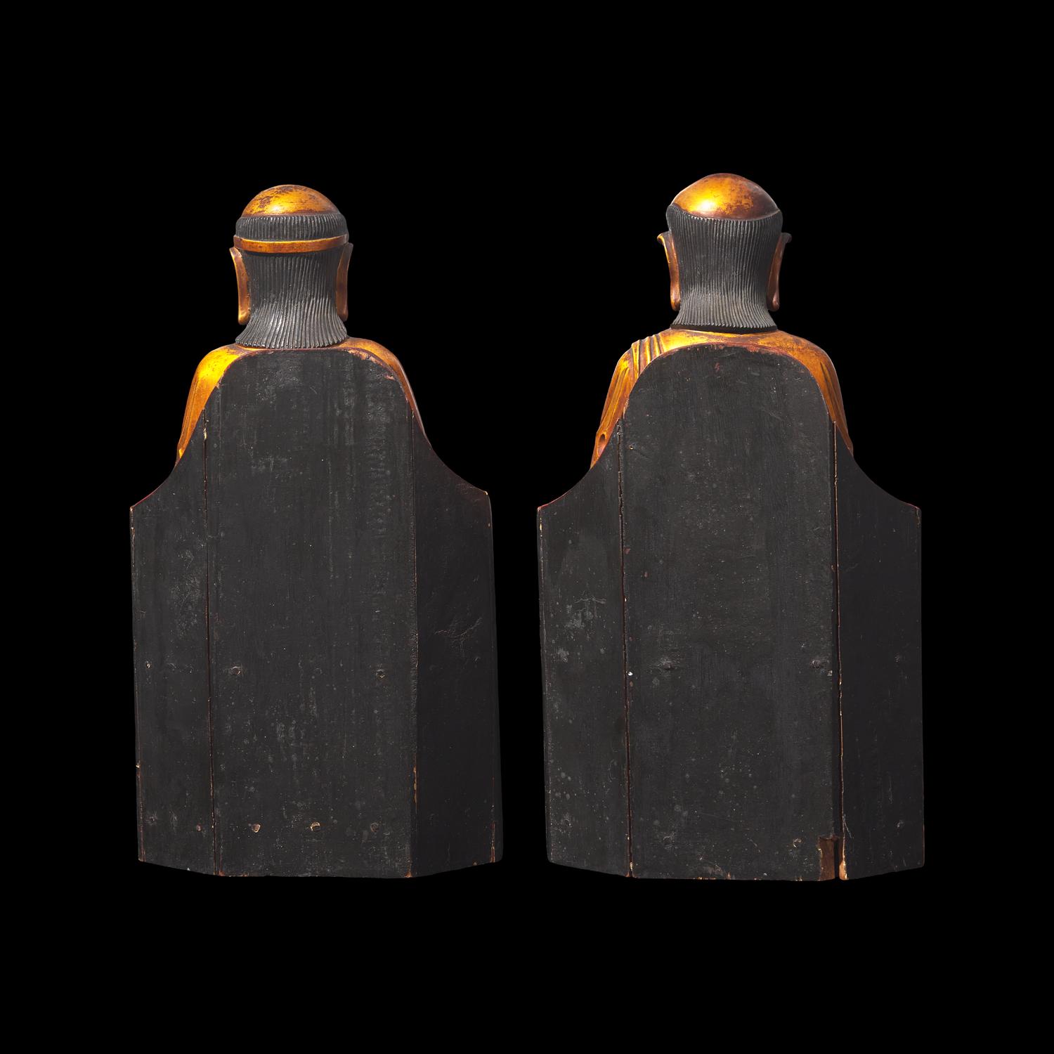 A Pair of Chinese Gilt Lacquered Wood Luohan Figures 木漆金羅漢兩尊