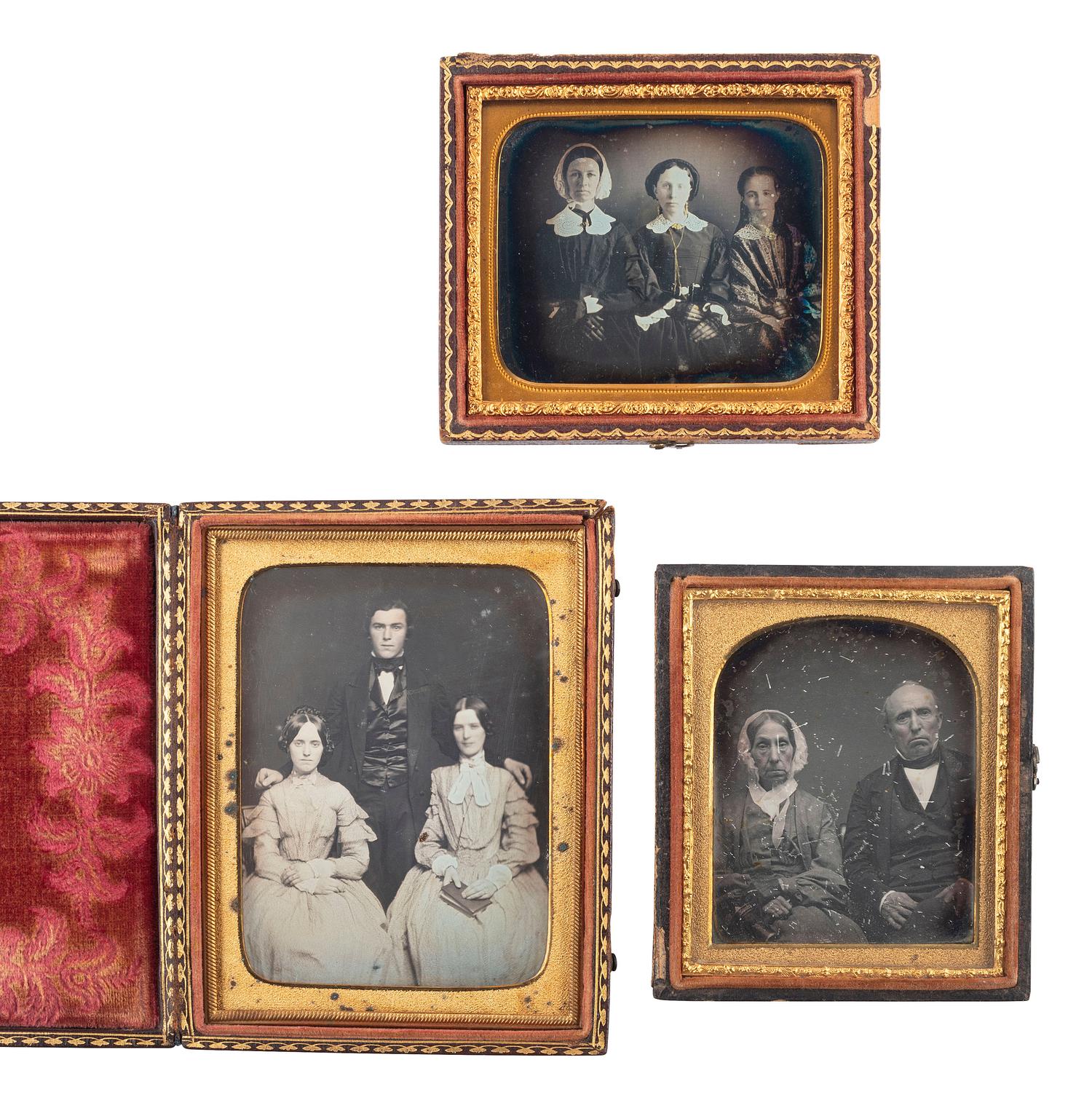 [EARLY PHOTOGRAPHY]. 19 daguerreotype portraits of interesting pairs and groups of subjects