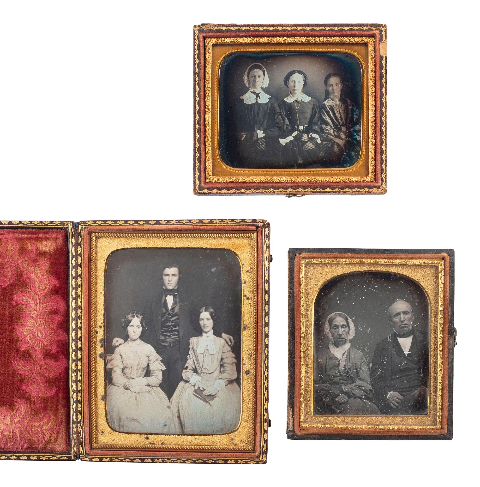 [EARLY PHOTOGRAPHY]. 19 daguerreotype portraits of interesting pairs and groups of subjects