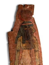 An Egyptian Painted Wood Sarcophagus Panel with Isis