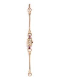 CRESARROW, SHREVE & CO., 14K YELLOW GOLD, SYNTHETIC RUBY AND DIAMOND WRISTWATCH