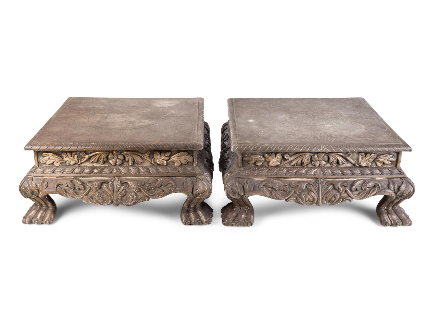 A Pair of Indian Silvered Metal-Sheathed Footstools