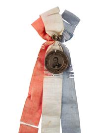 [LINCOLN, Abraham (1809-1865)]. Abraham Lincoln and Hannibal Hamlin back-to-back campaign ferrotype with ribbons. 1860.