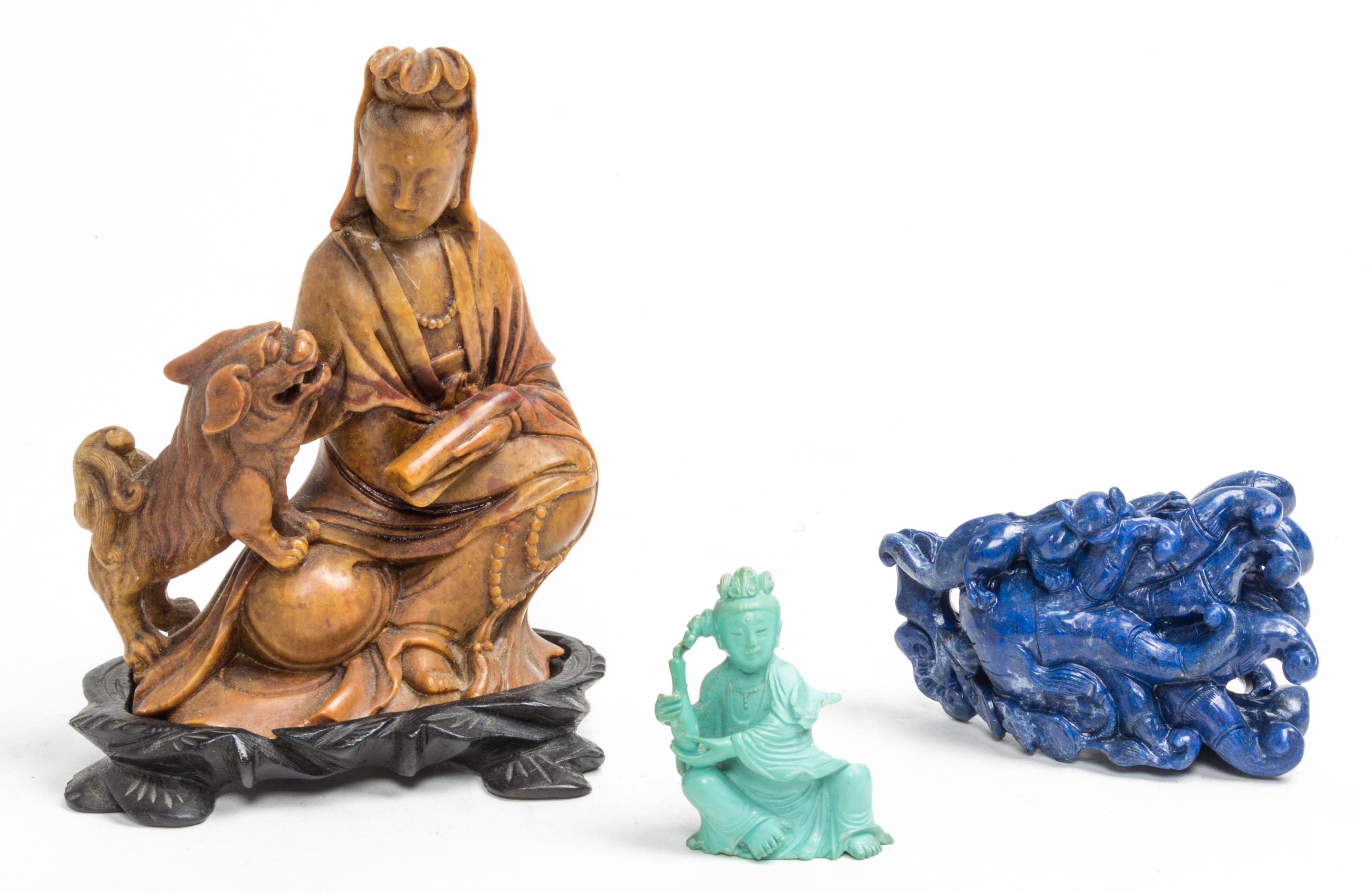 A Group of Three Hardstone Carvings Height of tallest 5 3/8 inches.