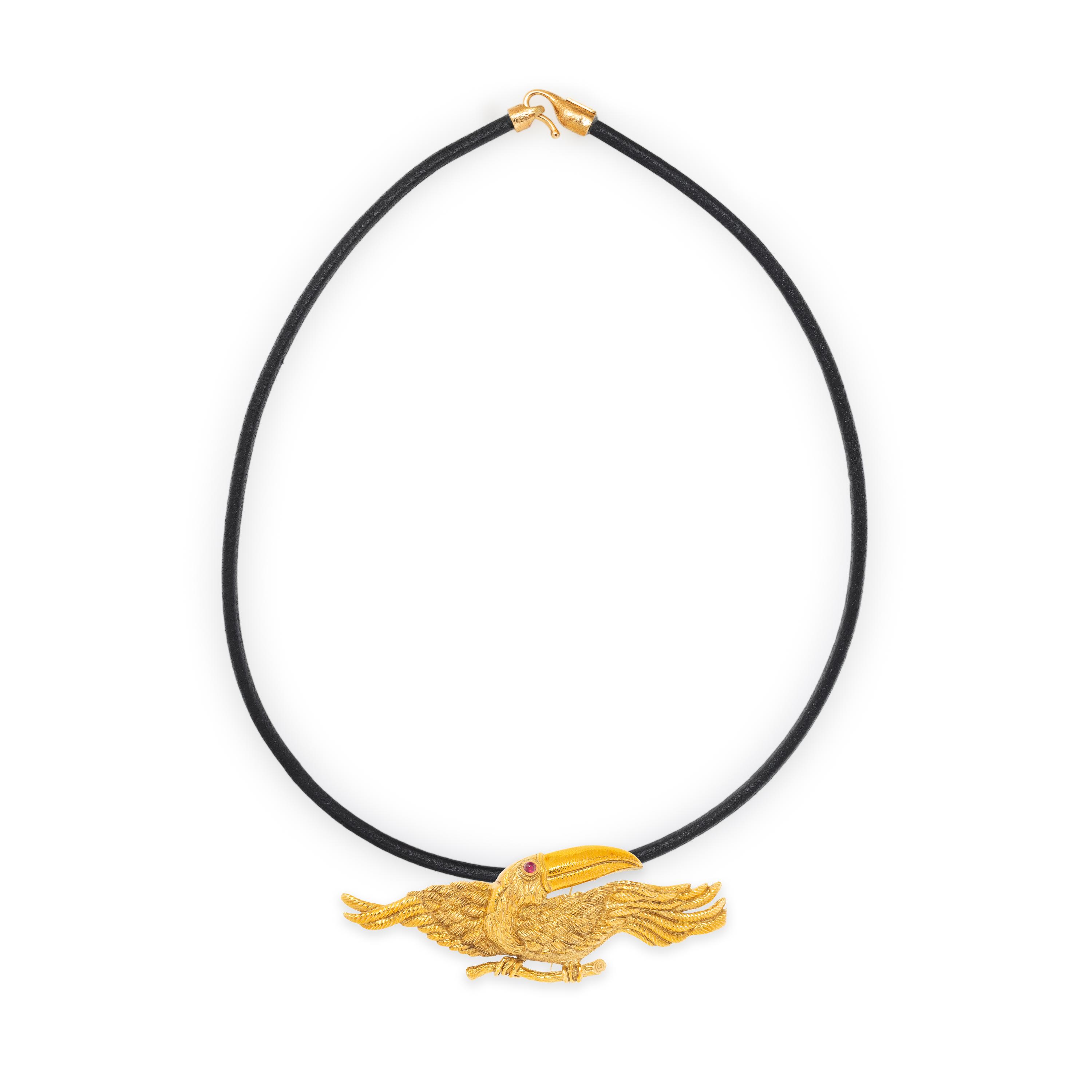 David Webb, Yellow Gold and Ruby Toucan Pendant Brooch, with David Webb cord