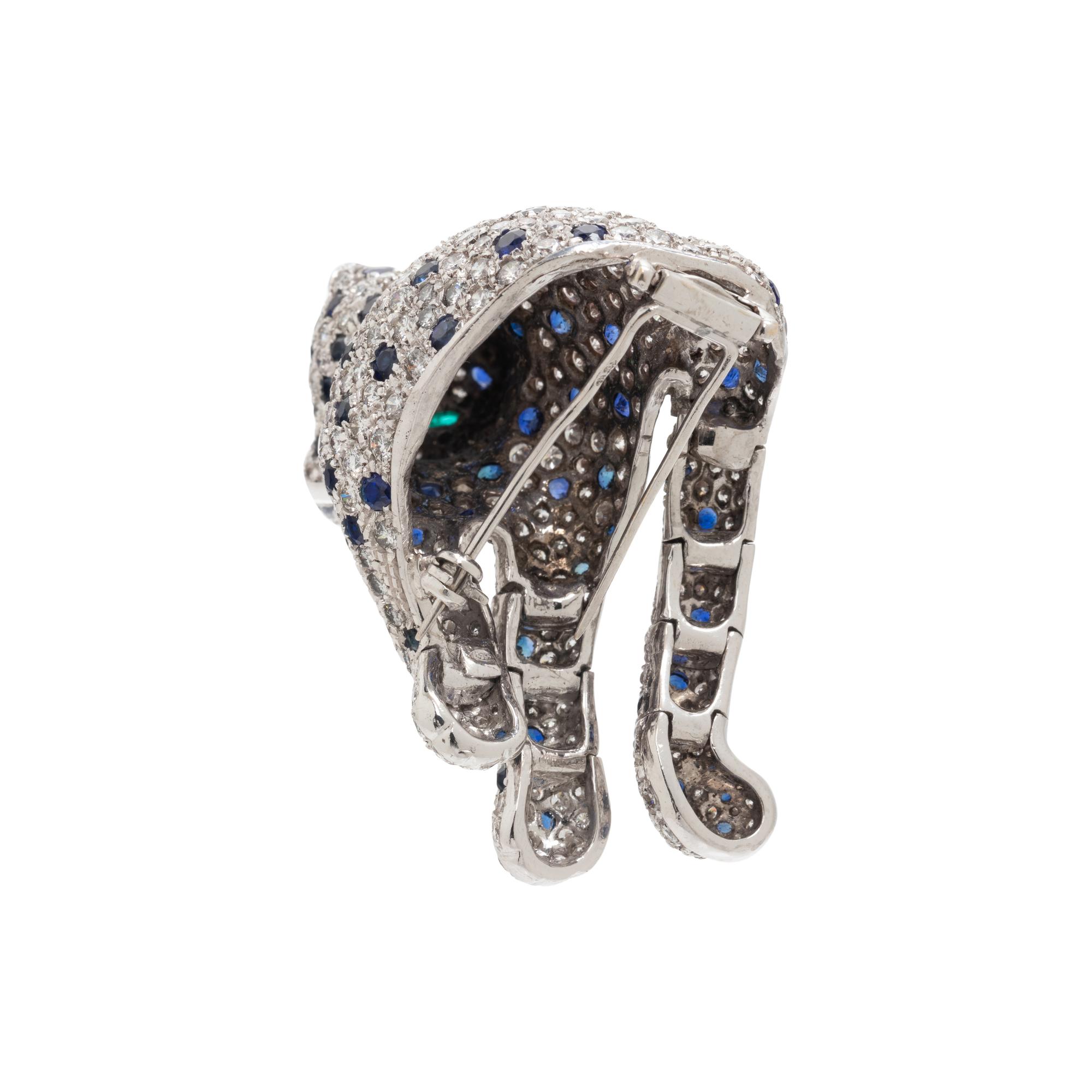 PLATINUM, DIAMOND, SAPPHIRE, AND EMERALD LEOPARD PIN
