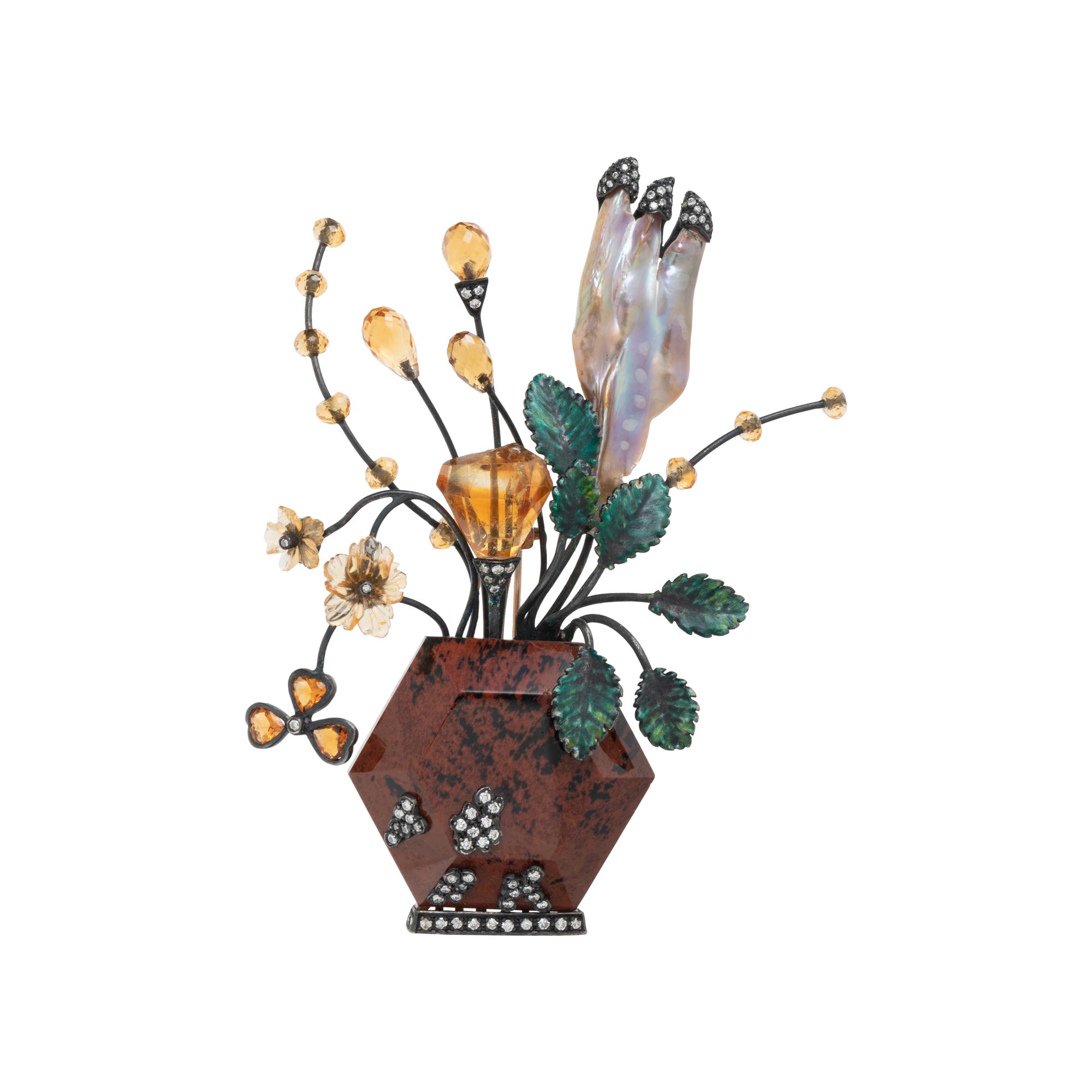 LUZ CAMINO, MIXED METAL AND MULTIGEM JARDINIERE BROOCH
