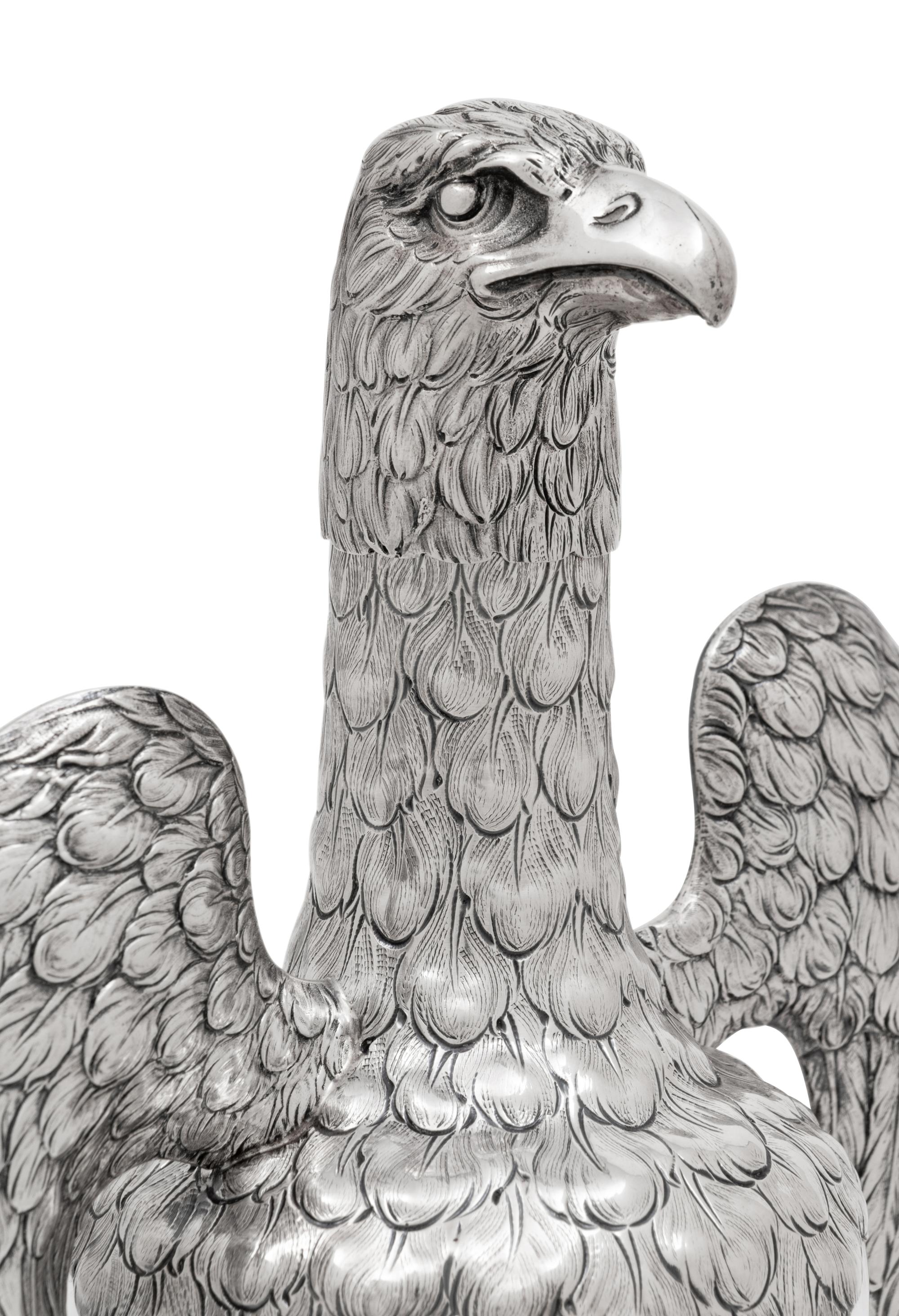 A German Silver-Mounted Glass Eagle-Form Decanter