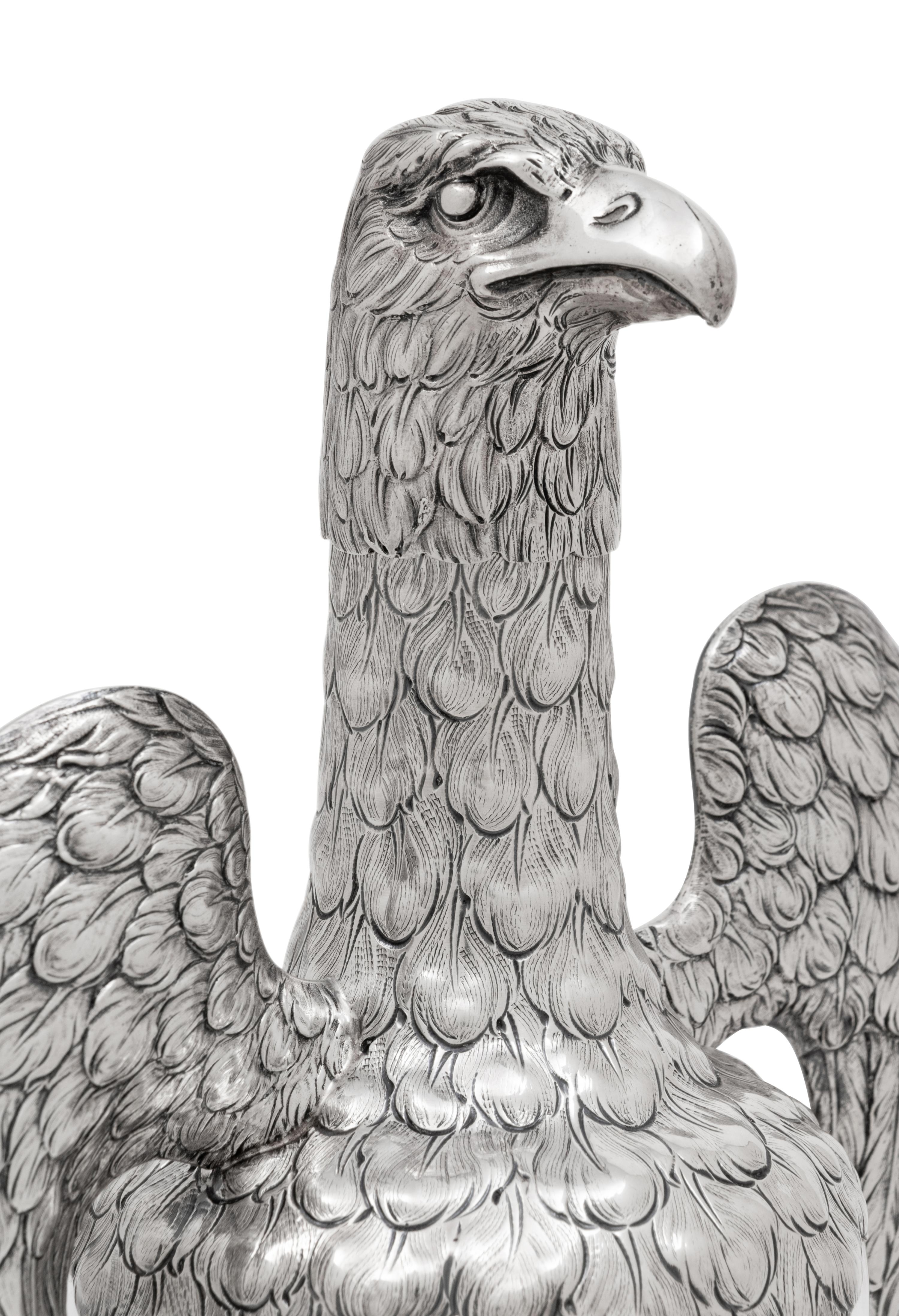 A German Silver-Mounted Glass Eagle-Form Decanter
