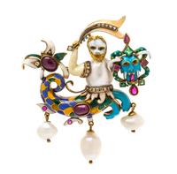 An Antique Yellow Gold, Cultured Baroque Pearl, Ruby, Diamond, Emerald and Polychrome Enamel Merman Brooch, 30.80 dwts.