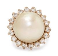 A White Gold, Cultured Pearl and Diamond Ring,