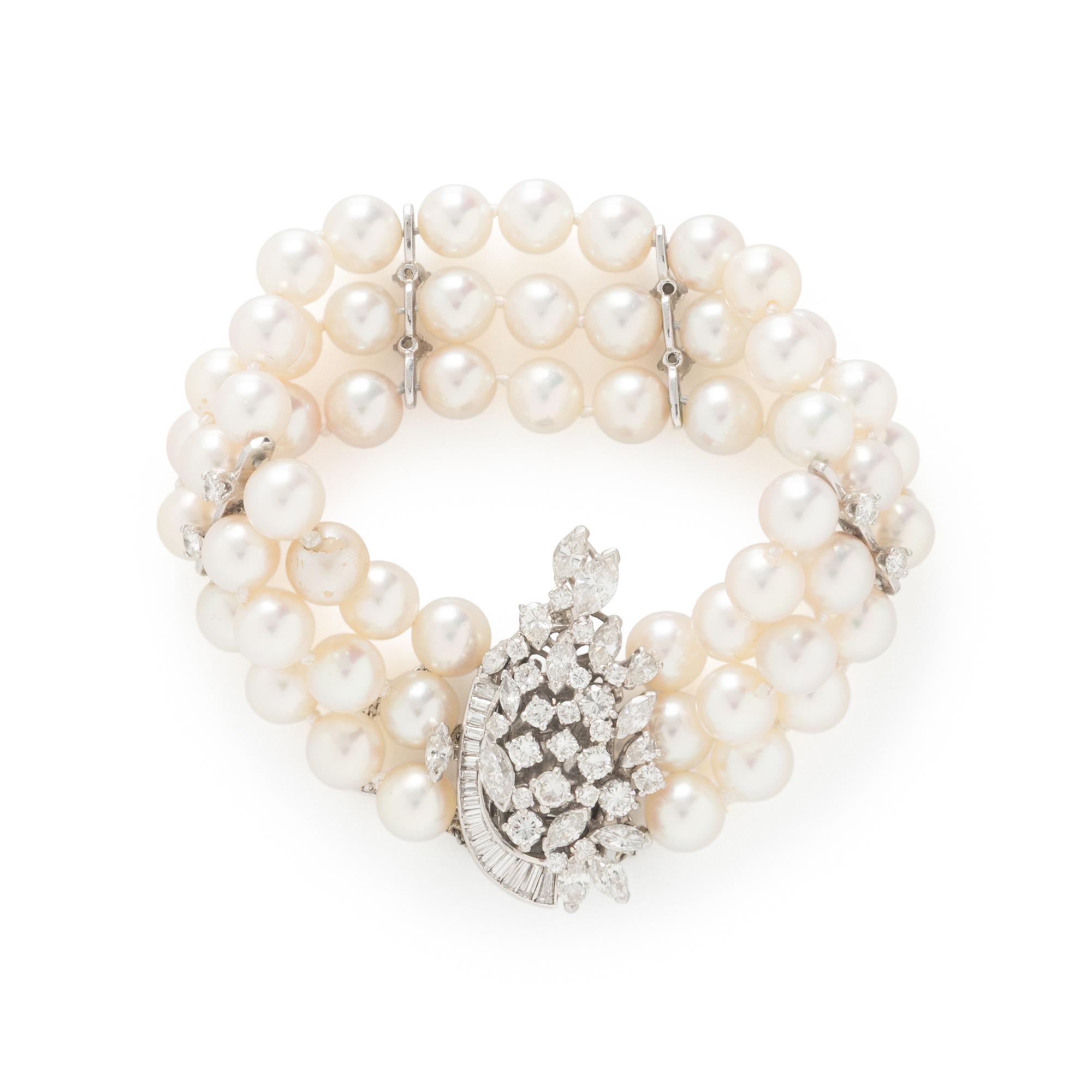Cultured Pearl, Diamond, and Platinum Bracelet
