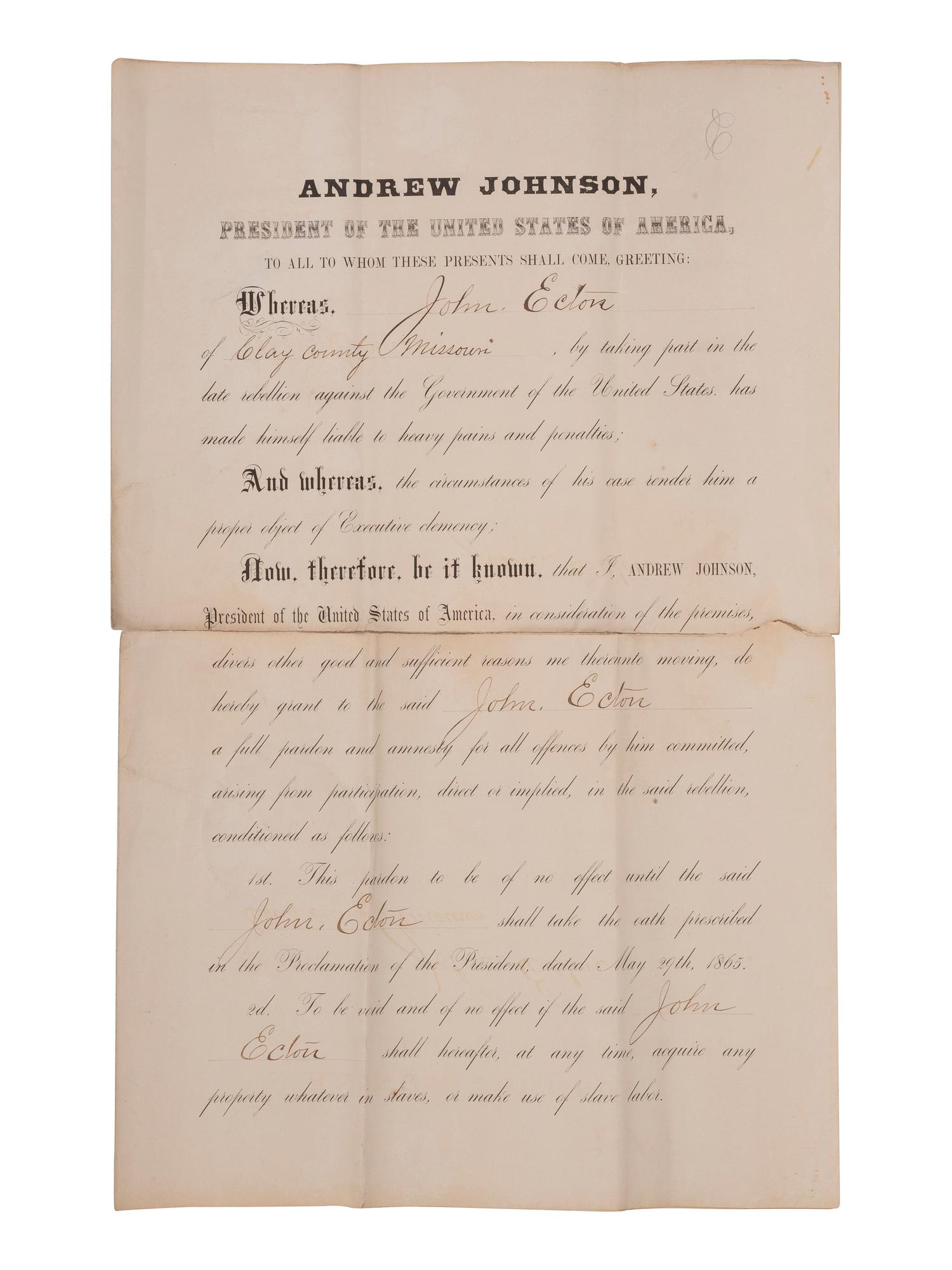 [CIVIL WAR] -- [RECONSTRUCTION] -- JOHNSON, Andrew (1808-1875). A group of three pardons stamp-signed by President Andrew Johnson, two granting amnesty to men associated with Confederate guerillas from Clay County, Missouri.