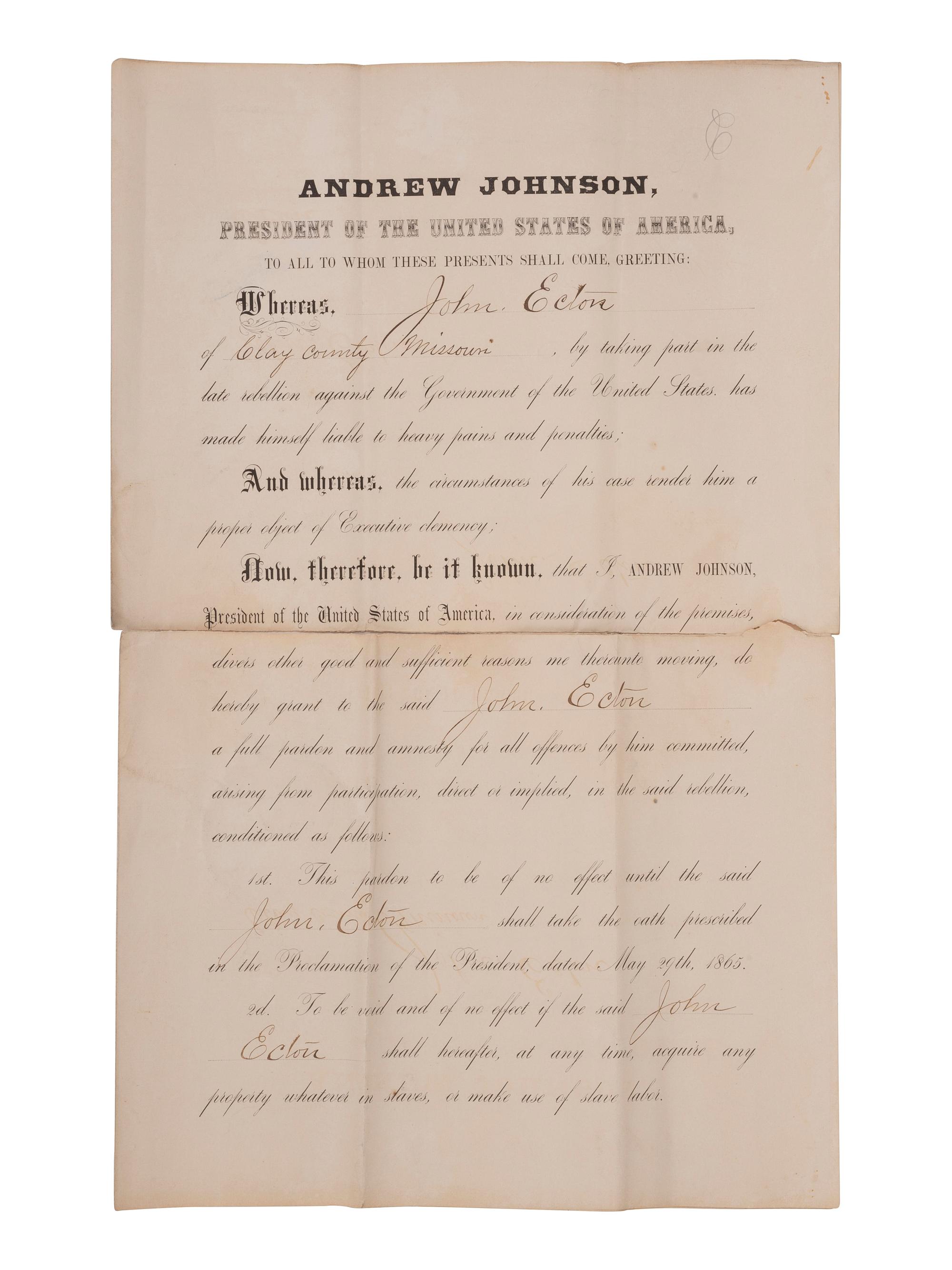 [CIVIL WAR] -- [RECONSTRUCTION] -- JOHNSON, Andrew (1808-1875). A group of three pardons stamp-signed by President Andrew Johnson, two granting amnesty to men associated with Confederate guerillas from Clay County, Missouri.