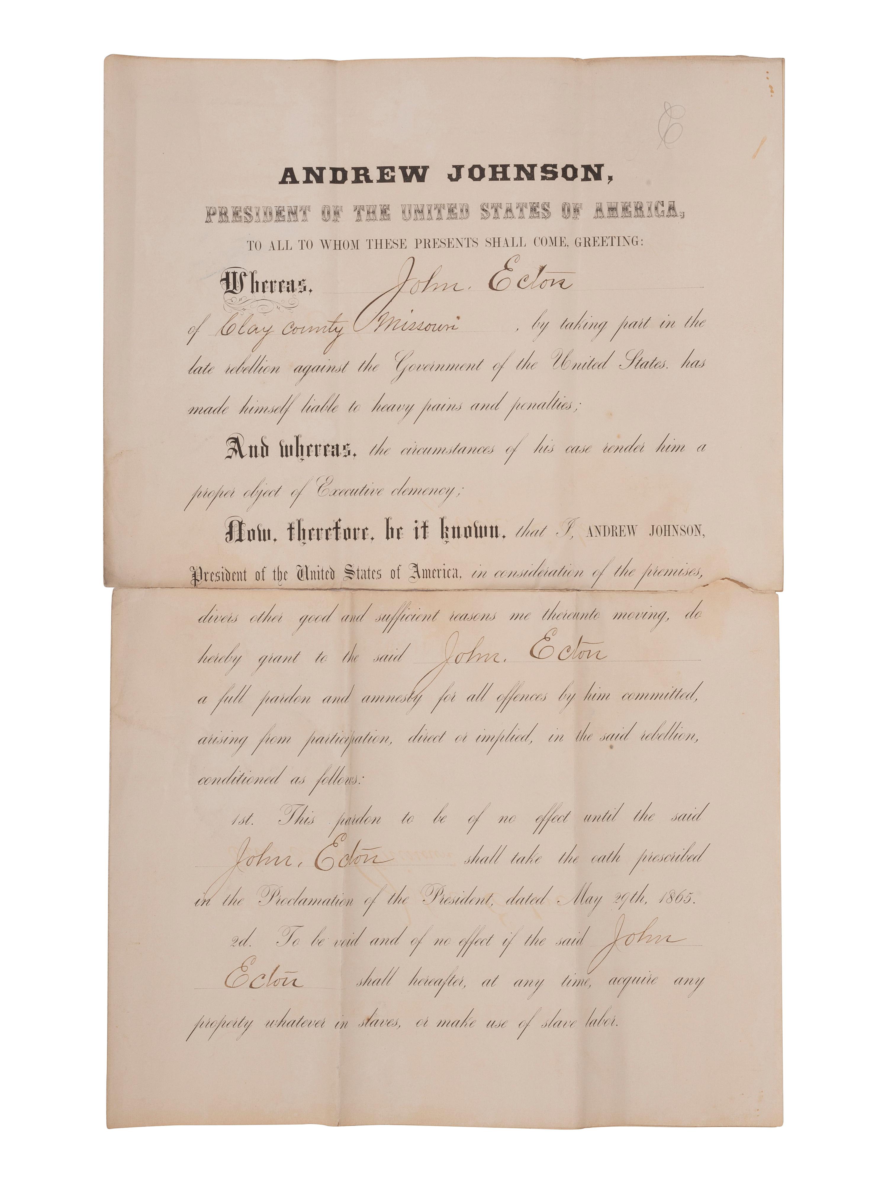 [CIVIL WAR] -- [RECONSTRUCTION] -- JOHNSON, Andrew (1808-1875). A group of three pardons stamp-signed by President Andrew Johnson, two granting amnesty to men associated with Confederate guerillas from Clay County, Missouri.