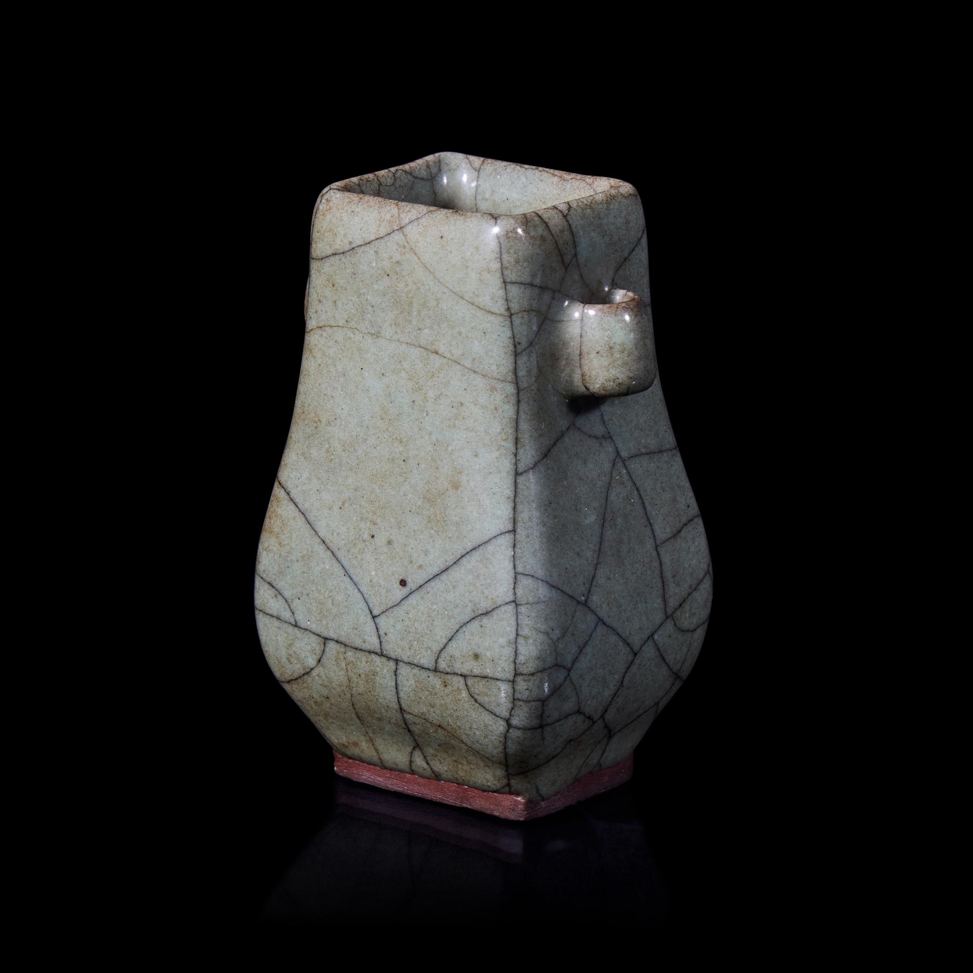 A Small Chinese Ge-Type Lug-Handled Vase 仿哥窯貫耳小方壺