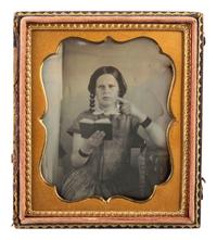 [EARLY PHOTOGRAPHY]. Sixth plate daguerreotype of a teenage girl making a point while reading a book.